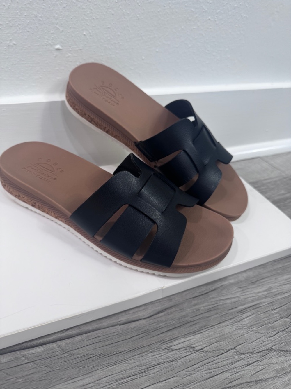 BOBS from Skechers Black Slide Sandals with Brown Footbed